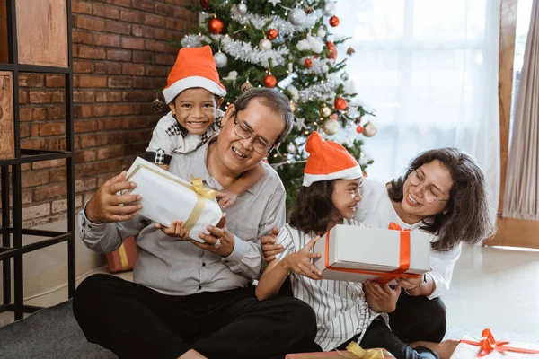 Grootouders en kind spelen samen op kerstdag — Stockfoto