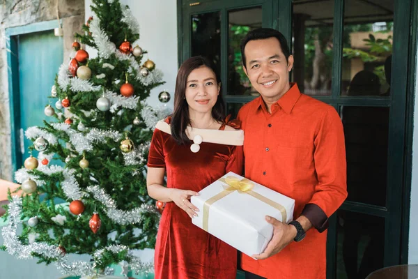Para trzyma pudełko prezentu świątecznego — Zdjęcie stockowe