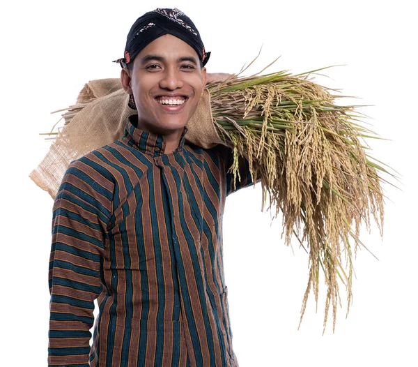 Посміхніться азіатському фермеру, який тримає зерно рису та ізольоване на білому — стокове фото