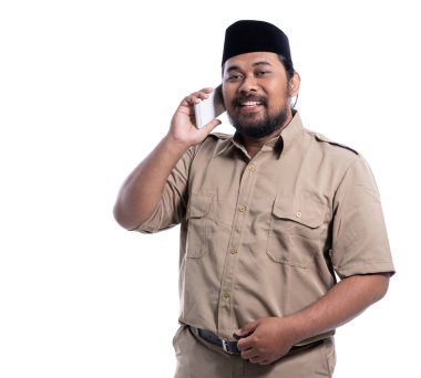 government worker talking with mobile phone isolated over white