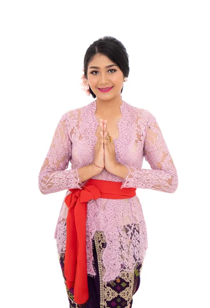 Balinese vrouw met gebaren gastvrij — Stockfoto