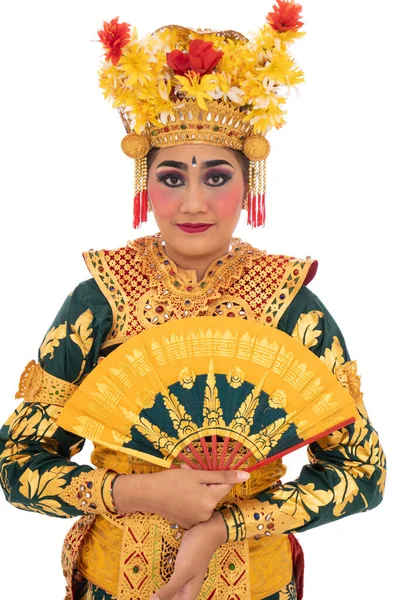 Woman Balinese dancers standing hold a fan — Stock Photo, Image