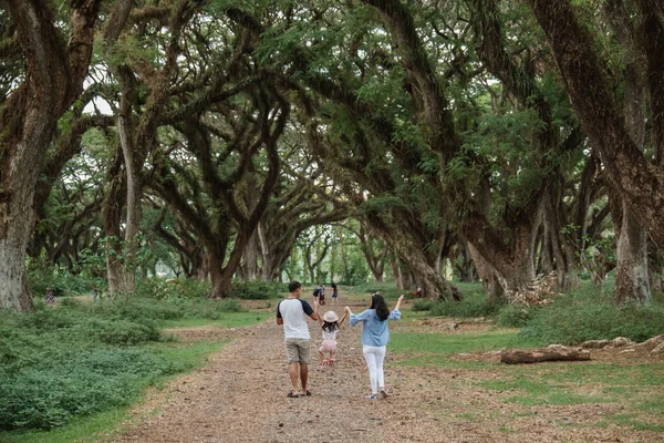 큰 나무 사이를 걷고 있는 엄마와 아빠와 두 아이들의 미소 — 스톡 사진