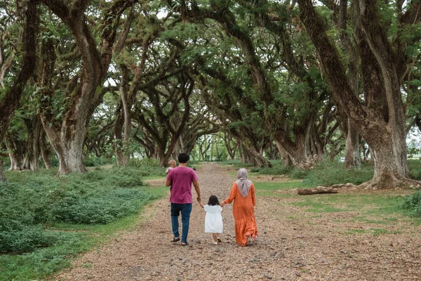 Pai, mãe e dois filhos caminhando no parque — Fotografia de Stock