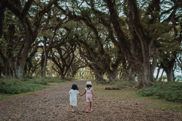 Dos niñas caminaron a lo largo de un camino — Foto de Stock