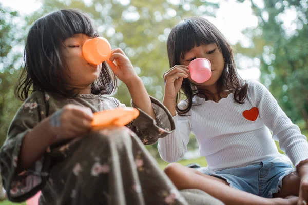 Dos niñas jugando taza juguetes para beber — Foto de Stock