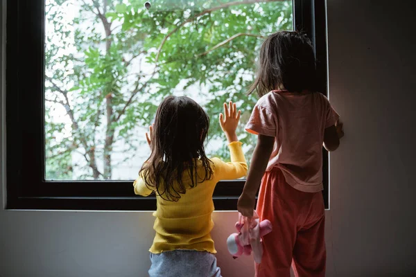 Двое маленьких детей, выглянувших из окна — стоковое фото