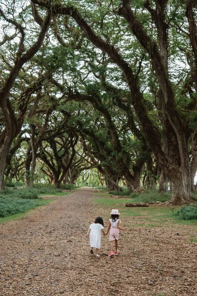 두 아이가 그늘진 나무 사이를 걸어 다닌다 — 스톡 사진