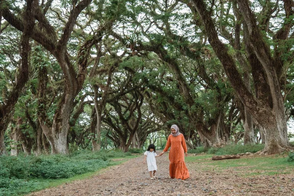 Moeder houden hand met daugther wandelen — Stockfoto