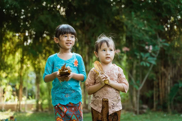 Geluk twee mooie meisje dragen traditionele Javaanse kebaya spelen gedroogde bladeren — Stockfoto