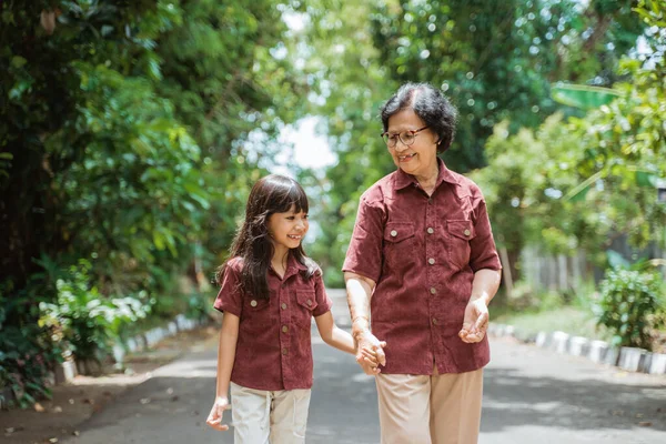 Nenek Asia dengan cucu berjalan bersama-sama — Stok Foto