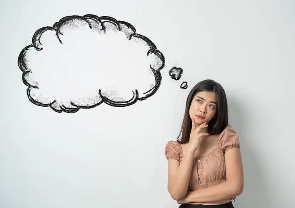 Girl looking up to blank bubble speech — Stock Photo, Image