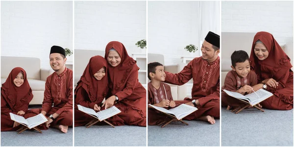 Asiatisk familj lär sig Koranbibeln tillsammans på fritiden — Stockfoto