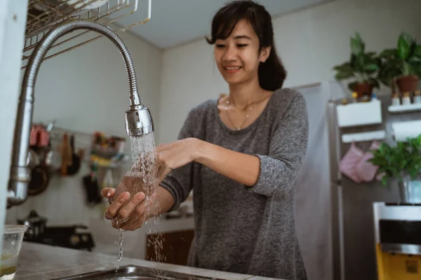 Housewife washing dishes in the kitchen sink — Stock Photo, Image