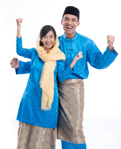 Asian male and female muslim couple excited — Stock Photo, Image