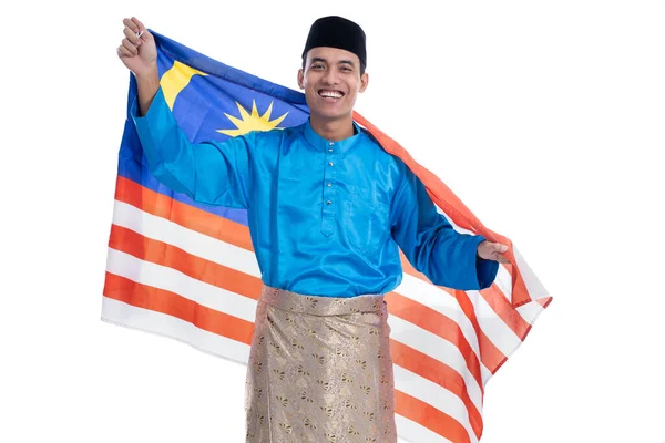 Bersemangat malaysian muslim laki-laki dengan bendera — Stok Foto