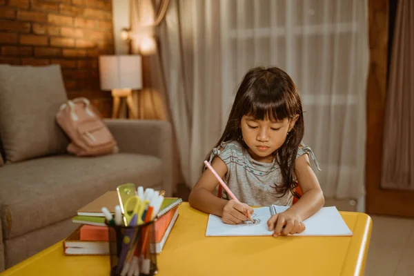 Kid studying by herself in the evening — Stock Photo, Image
