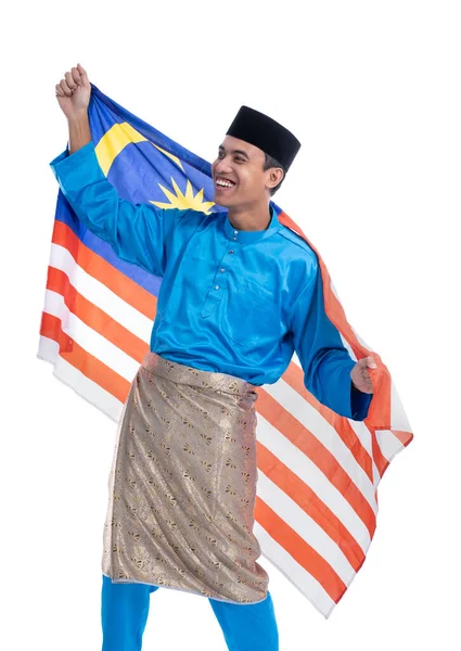 Animado malaysian masculino muçulmano com bandeira — Fotografia de Stock