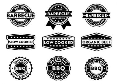 vektör pul rozet etiket Barbekü ürün, premium sığır eti, yavaş düşük pişmiş, organik, premium en kaliteli satış pazarlama için
