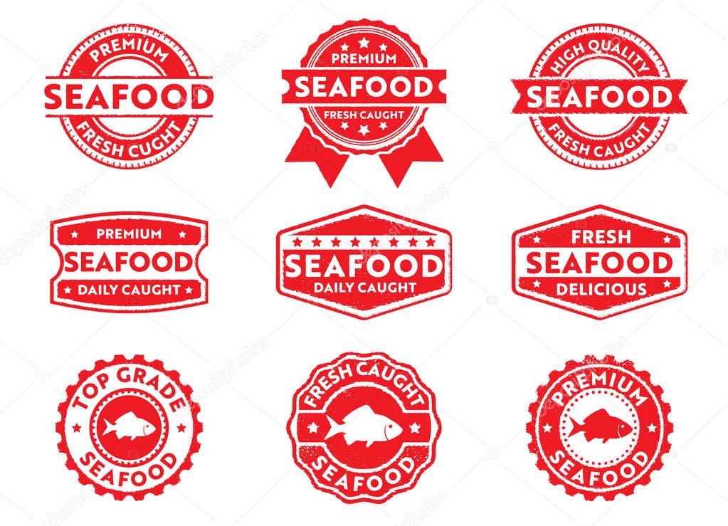 vector stamp badge label for marketing selling seafood product, fresh, delicious, premium, daily caught
