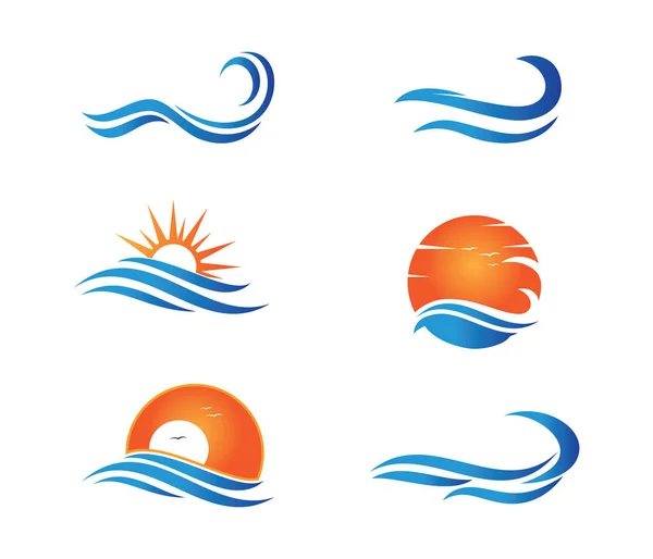Vetor logotipo design para onda dinâmica, oceano mar onda de água home resort, barco à vela, passeio de cruzeiro oceânico —  Vetores de Stock