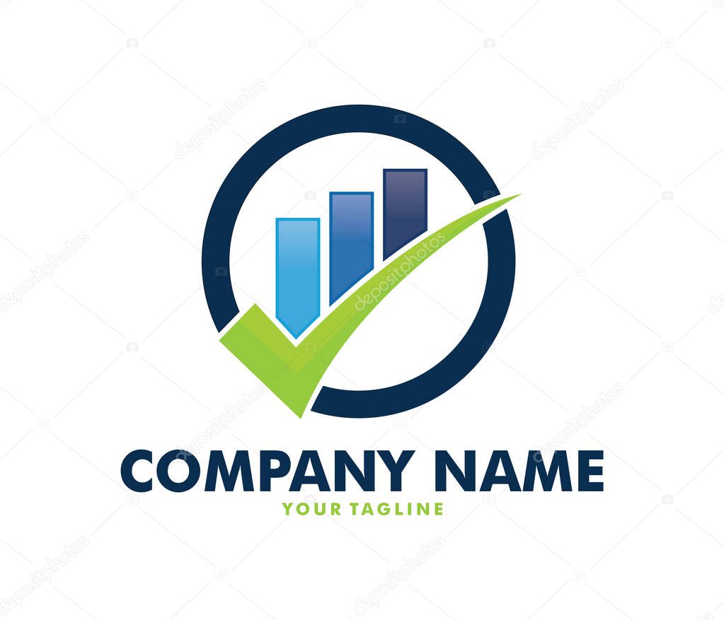 vector logo design info graphic of line bar chart of financial or stock exchange, increase profit, check mark logo