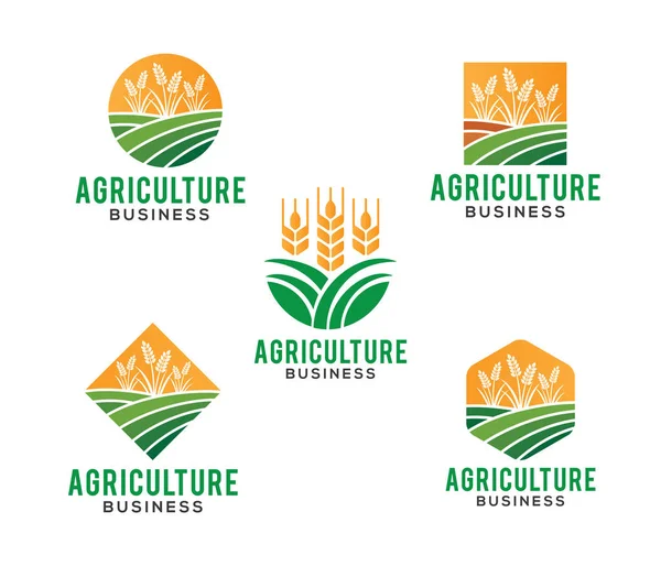 Diseño de logotipos vectoriales e ilustración del negocio agrícola, empresa, investigación, cosecha, planta, tecnología — Vector de stock