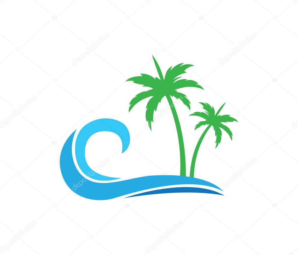 Hotel tourism holiday summer beach coconut palm tree vector logo design for resort home stay hospitality business