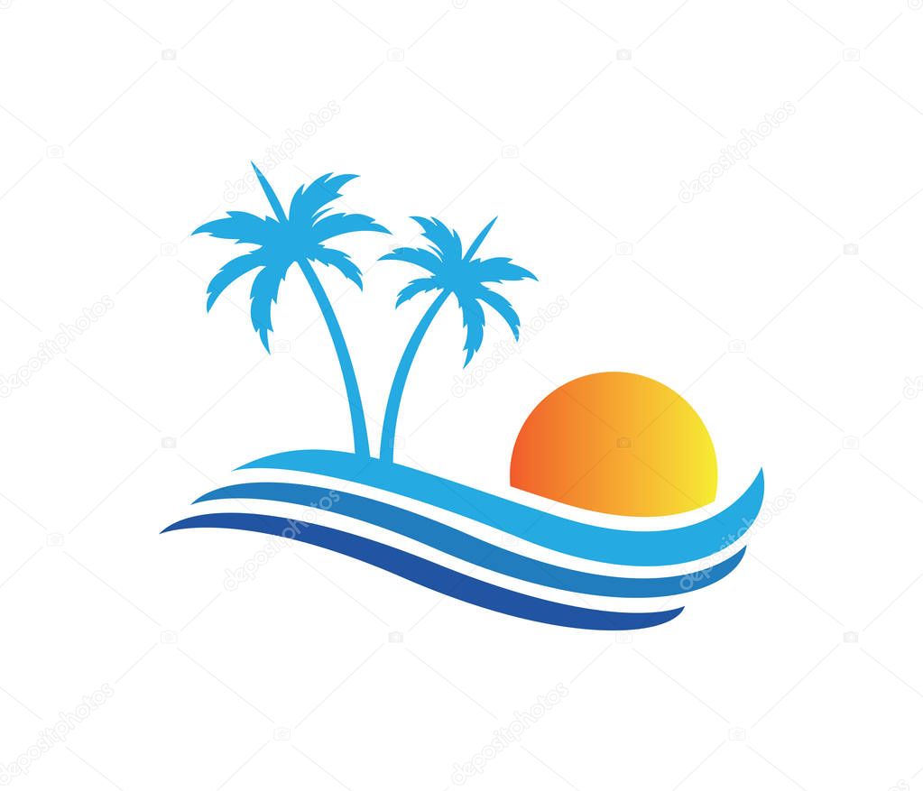 Hotel tourism holiday summer beach coconut palm tree vector logo design for resort home stay hospitality business