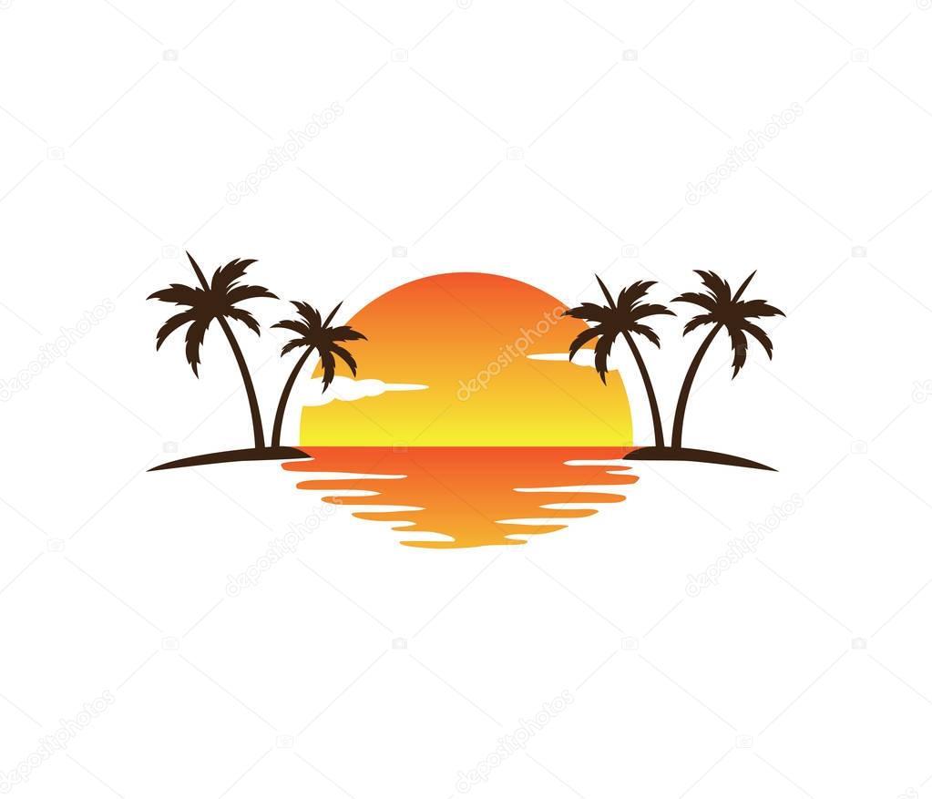 Hotel tourism holiday summer beach coconut palm tree vector logo design for resort home stay hospitality business