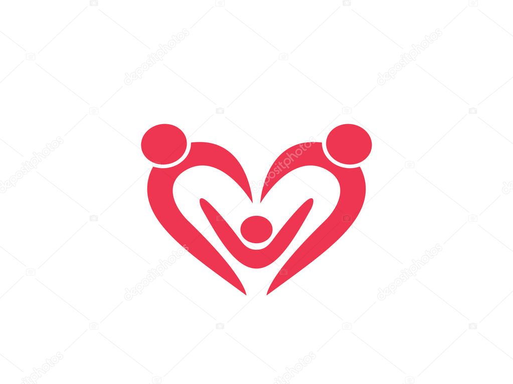 Orphan child adoption family with heart shape iconic vector logo design for charity, community, parenting, education and more