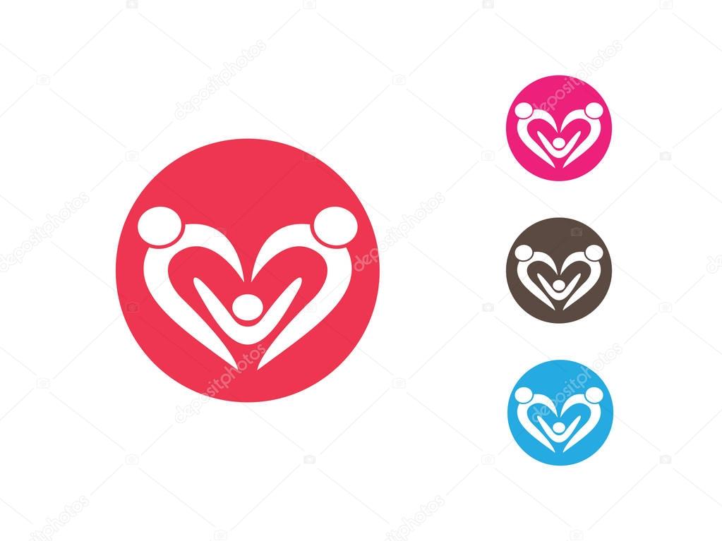 Orphan child adoption family with heart shape iconic vector logo design for charity, community, parenting, education and more