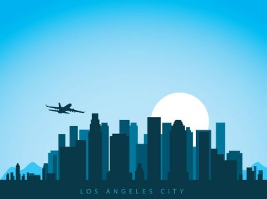 vektör arka plan tasarım şehir manzarası los Angeles Kaliforniya Amerika şehir ve sun rise uçan uçak ile