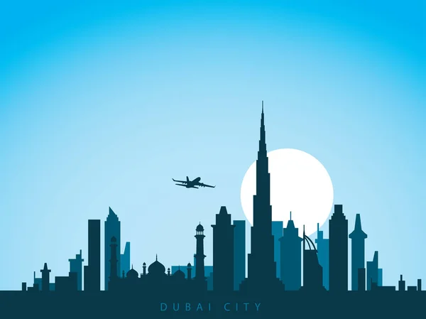Skyline de cidade de desenho vetorial fundo dos Emirados Árabes de dubai uni com avião voando sobre a cidade e sol nascer —  Vetores de Stock