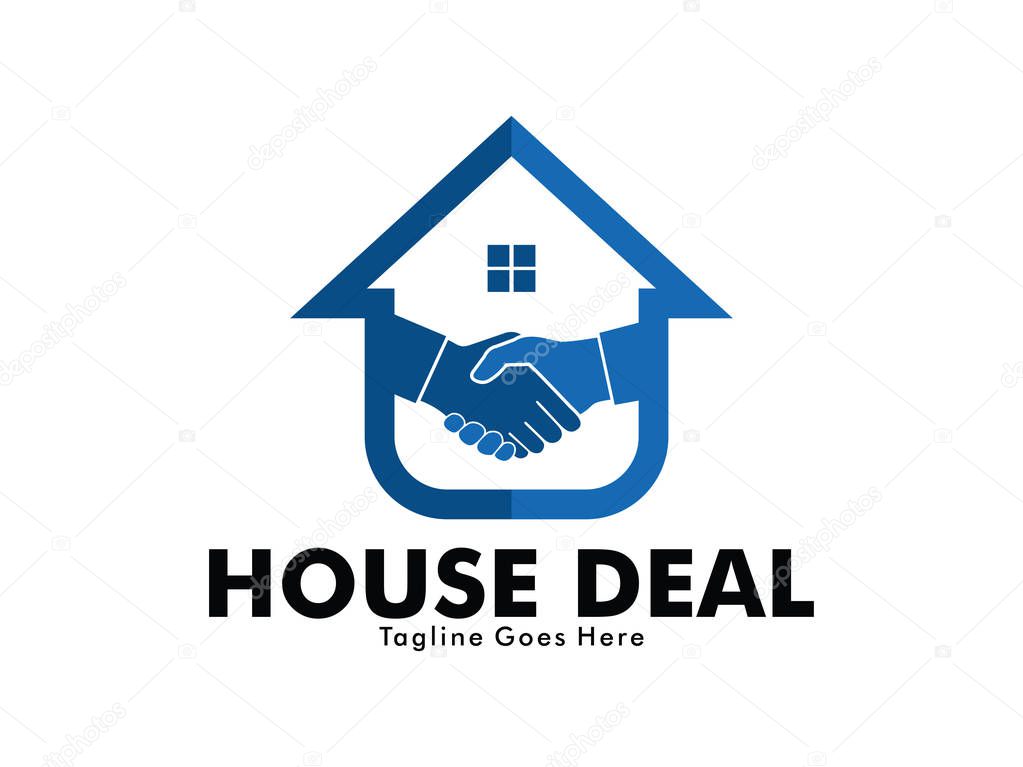 House and property dealer with handshake marketing vector logo design of mortgage, home stay project