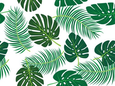 Yeşil palmiye ağacı ve monstera vektör tropikal Tema Dikişsiz desen yaprak