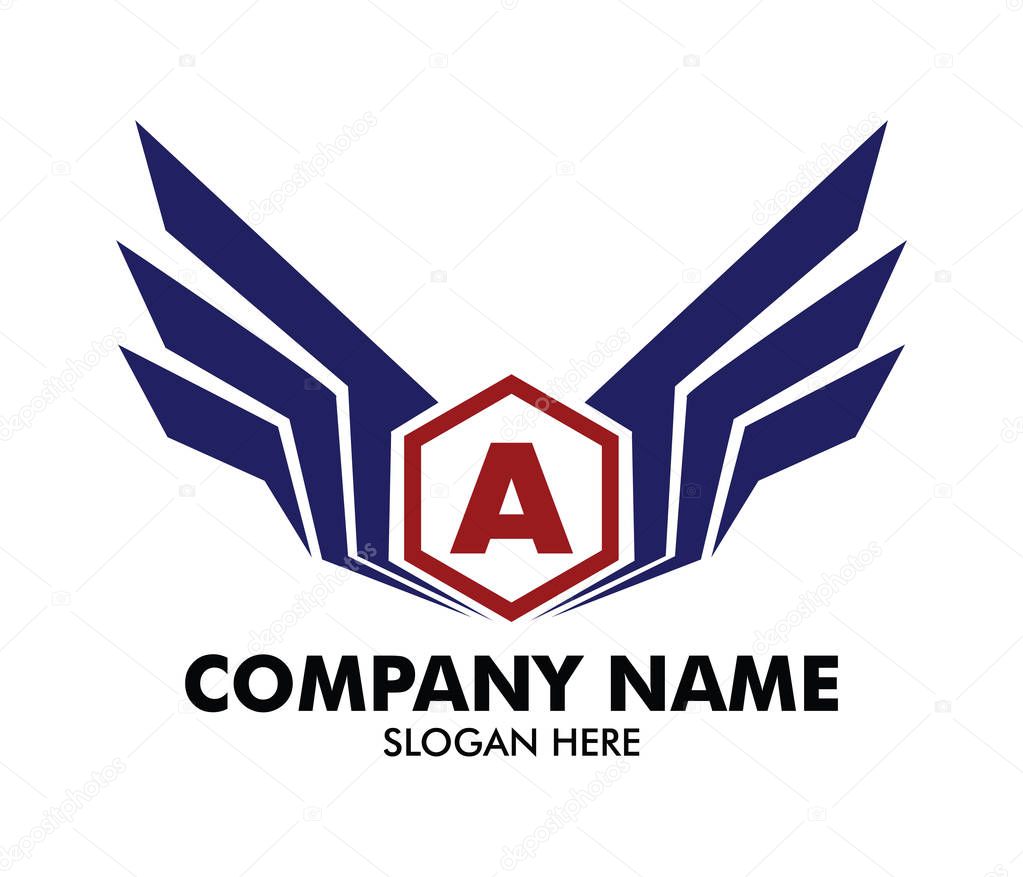 Letter a inside polygon emblem badge wing vector logo design