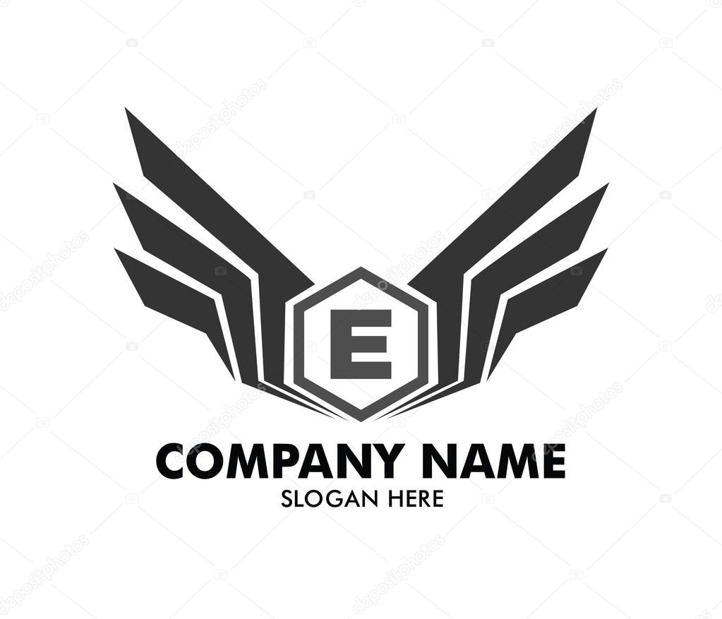 Letter e inside polygon emblem badge wing vector logo design