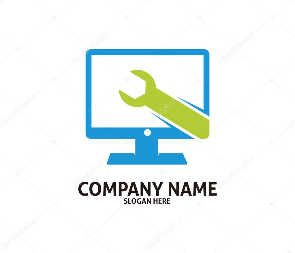 wrench computer service technology vector logo design