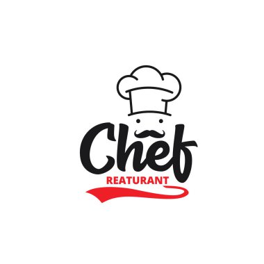 Şef şapkası bıyıklı restoran vektör logosu tasarımlı.