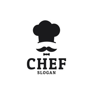 Şef şapkası bıyıklı ve papyonlu restoran vektör logosu tasarımlı.