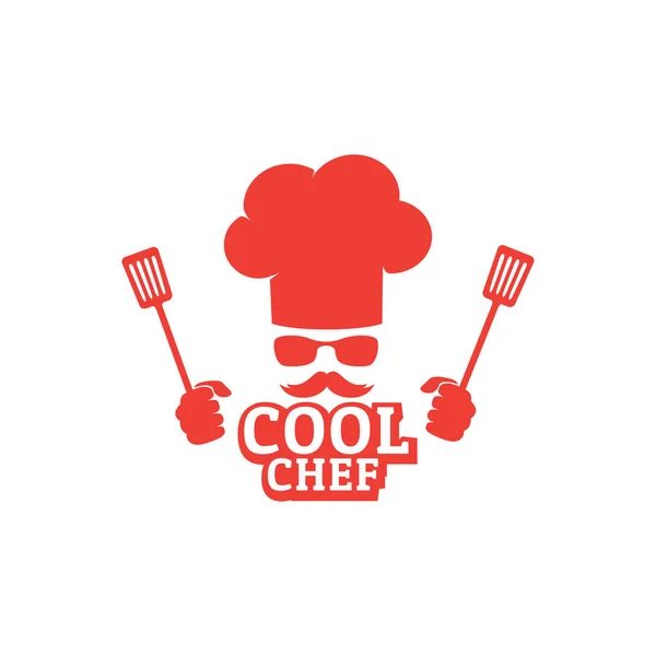 Havalı şef şapkalı, bıyıklı gözlüklü, elinde spatula restoranı logosu olan eller. — Stok Vektör