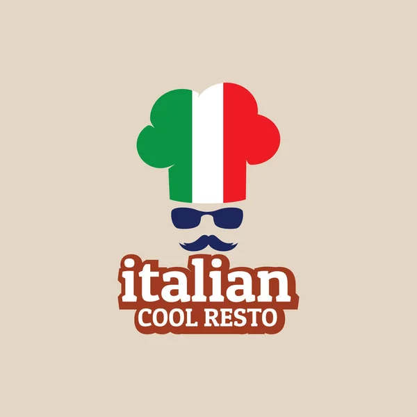 Topi koki keren di wajah bendera Italia mengenakan kacamata dengan desain logo restoran berkumis vektor makanan - Stok Vektor