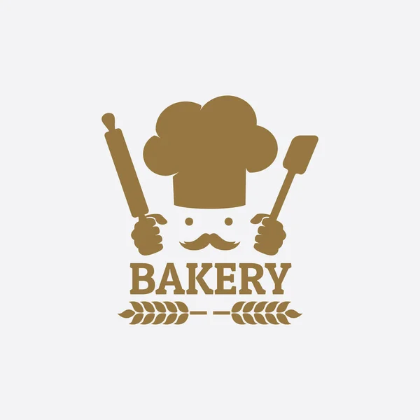 Chapeau de chef avec des mains tenant spatule et rouleau à pâtisserie restaurant vecteur logo design — Image vectorielle