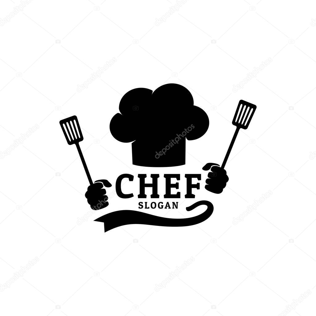 chef hat with hands holding spatula food restaurant vector logo design