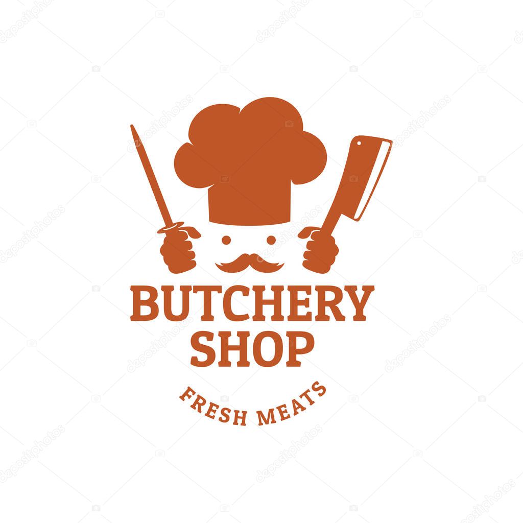 Chef hat with hands holding knife butchery shop vector logo design template