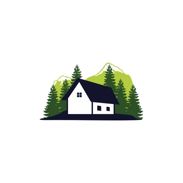 Cottage home verblijf in de voorkant van dennenbos vector logo ontwerp — Stockvector