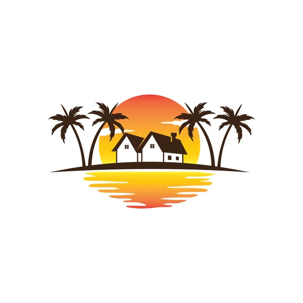 Casa de campo en el pueblo junto a la playa con sol detrás del diseño del logotipo del vector — Archivo Imágenes Vectoriales