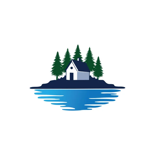 松の木の森と湖のベクトルのロゴデザインの前にコテージホーム — ストックベクタ