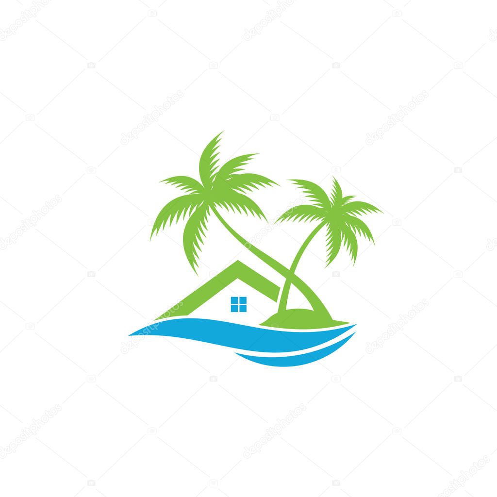 Cottage in the country side village with blue wave line vector logo design template